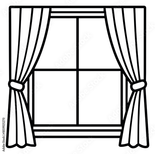 Hand drawn illustration of a window with curtains tied back for home interior decor