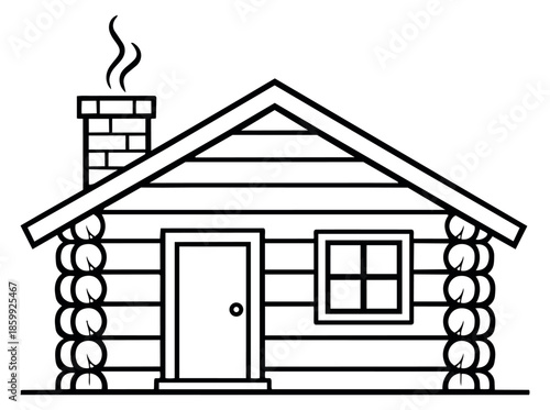 Line art illustration of a log cabin depicting smoke rising from its chimney for rustic and simple living
