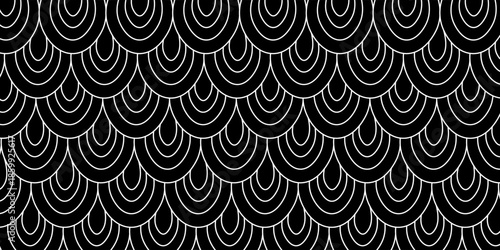 Fish scale wallpaper. Asian traditional ornament with repeated scallops. Repeated white curves on black background. Seamless surface pattern design with semicircles. Grid motif. Digital paper. Vector.