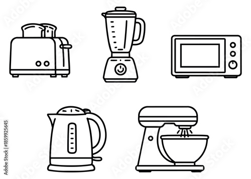 Line art kitchen appliances set featuring a toaster, blender, microwave, kettle, and stand mixer for modern home kitchens