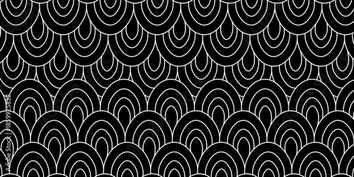 Fish scale wallpaper. Asian traditional ornament with repeated scallops. Repeated white curves on black background. Seamless surface pattern design with semicircles. Grid motif. Digital paper. Vector.