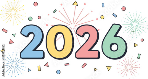 Vibrant illustration of happy new year celebration with colorful fireworks and confetti