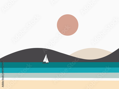 Minimalist flat design illustration of a serene ocean landscape with a lone sailboat cruising towards a warm, setting sun, perfect for tranquil beach themes and vacation concepts