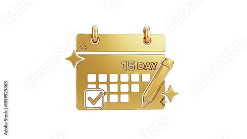 Golden 15 Day Calendar Icon with Checkmark and Pencil