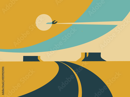 Fotografija Journey into the unknown A surreal desert landscape with a road leading to a bri