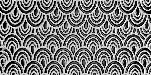 Fish scale wallpaper. Asian traditional ornament with repeated scallops. Repeated white curves on black background. Seamless surface pattern design with semicircles. Grid motif. Digital paper. Vector.