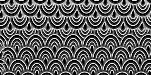 Fish scale wallpaper. Asian traditional ornament with repeated scallops. Repeated white curves on black background. Seamless surface pattern design with semicircles. Grid motif. Digital paper. Vector.