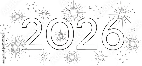Illustration of firework designs around a happy new year 2026 celebration sign
