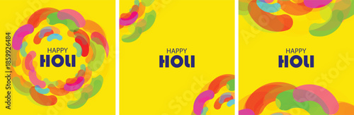 Happy Holi festival celebration posters with colorful abstract paint splashes on a vibrant yellow background, featuring festive designs for the Indian holiday.