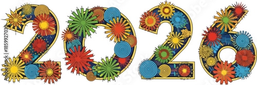 Vibrant hasil-akhir-73 illustration depicts happy new year celebration with colorful floral patterns.