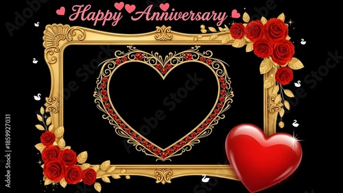 Ornate golden photo frame design featuring a central heart shape bordered by brilliant red gemstones perfect for a happy anniversary celebration graphic overlay