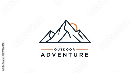 Mountain Adventure Logo Emblem for Outdoor Brand with Peak, Trail, and Sun.