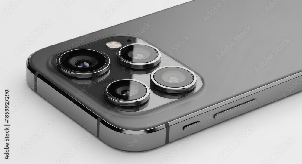 Fototapeta premium Detailed close up featuring a grey smartphone with a triple lens camera system on a white background emphasizing modern technology and sleek design.