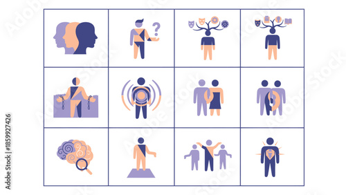 Collection of Icons Representing Human Psychology and Social Interactions.