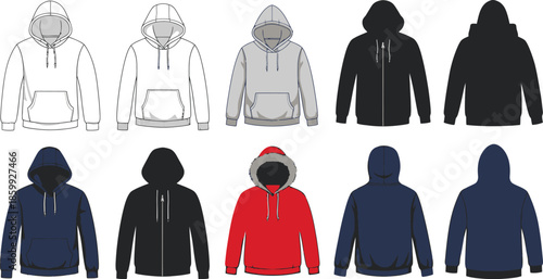 Collection of colorful hoodies in various styles and colors for fashion and apparel design