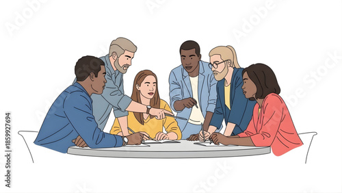 Diverse team collaborates on a project around a table, brainstorming and discussing ideas