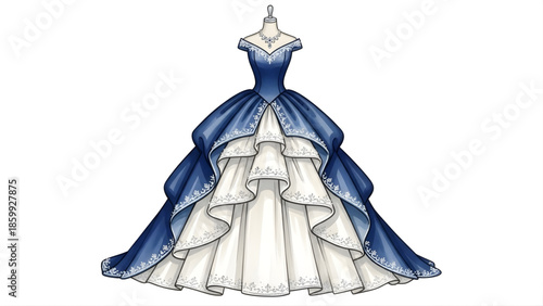 Elegant Royal Blue and White Ball Gown with Intricate Detailing