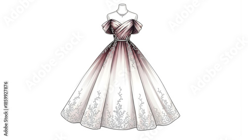 Exquisite off-shoulder evening gown fashion illustration featuring a graceful silhouette, intricate embroidery, and a captivating red ombre design, perfect for a grand event