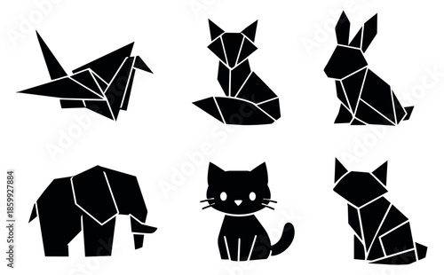 Geometric animal set featuring a crane, fox, rabbit, elephant, and two cats for modern design projects