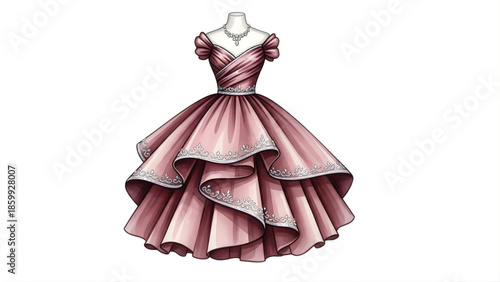 Exquisite Hand-Drawn Illustration of a Formal Pink Tiered Gown with Ruffles and Embellishments, Perfect for Elegant Occasions and Fashion Design Concepts