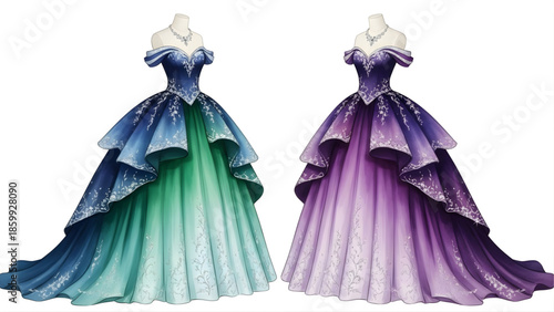 Two elegant, layered ball gowns displayed on mannequins, one in a blue-green gradient and the other in a purple gradient