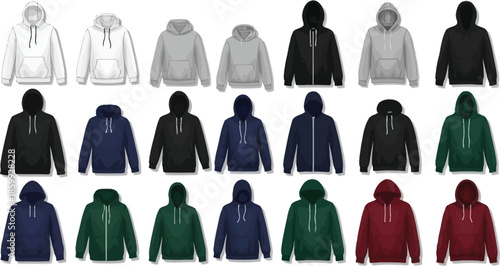 Collection of colorful hoodies in various styles and fabrics