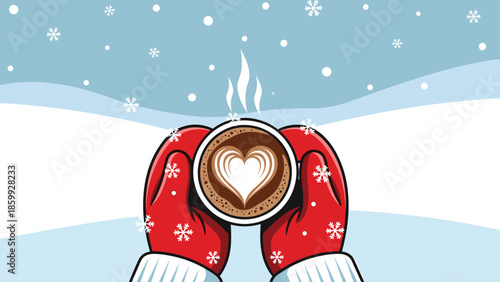 Cozy Winter Coffee: Hands in Red Mittens Holding Steaming Cup with Heart Latte Art in Snowy Landscape Illustration