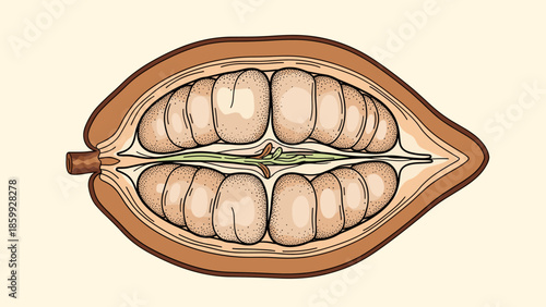 Cocoa Pod Cross Section Illustration. Detailed Cutaway View Showing Raw Cacao Beans and Pulp Inside
