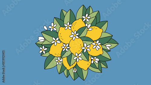 Fresh Lemon Bunch Illustration with Green Leaves & White Blossoms. Citrus Fruit Design on Blue Background.
