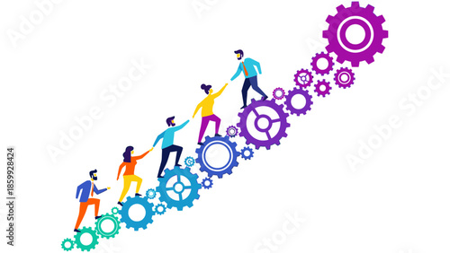 Illustration of diverse businesspeople working together on colorful interlocking gears in a corporate teamwork concept with a modern, graphic design style and a sense of collaboration and