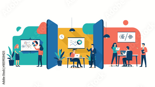 Flat illustration of a diverse team collaborating in an office setting with laptops and whiteboards, conveying a productive and teamwork mood with vibrant colors.