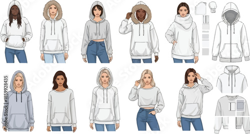 Diverse women wearing modern hoodies and casual outfits