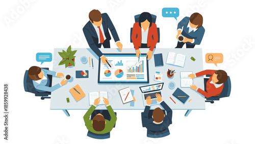Flat lay illustration of a diverse team collaborating in a corporate meeting with laptops and graphs on a large table, conveying teamwork and office scenes.