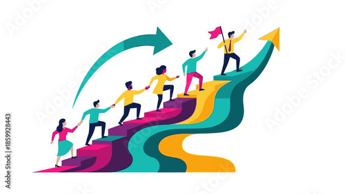 Illustration of diverse businesspeople climbing colorful upward arrows on a staircase, conveying teamwork and corporate growth in a modern, stylized graphic.