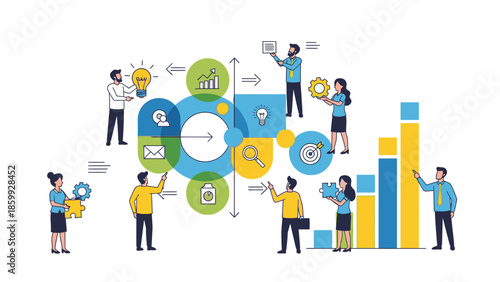 Flat illustration of a diverse team collaborating in a corporate meeting with various business icons and graphs, conveying a professional and productive atmosphere in a modern office