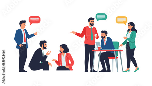 Flat illustration of a diverse team collaborating in an office setting with a corporate meeting, showcasing teamwork and business icons.