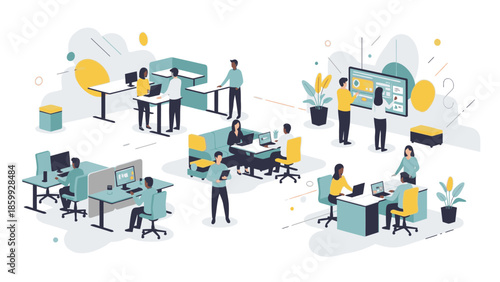 Illustration of people working in an office environment with desks and computers, conveying teamwork and corporate meetings in a modern workspace.