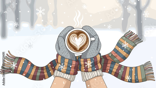 Winter warmth: Mittened hands holding a steaming cup of coffee with heart latte art, wrapped in a cozy scarf, snowy scene