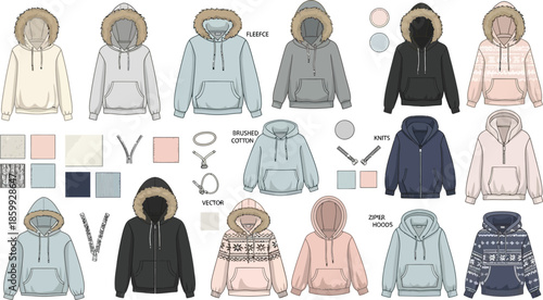 Collection of stylish hooded sweatshirts in various colors and fabrics