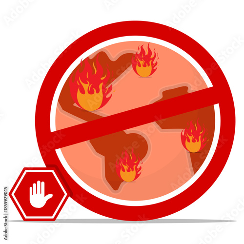 Stop global warming concept illustration with prohibition sign over burning earth. Symbolizing climate action, environmental protection, sustainability, and urgent warning against climate crisis.