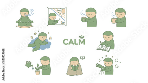 Collection of illustrations depicting calm and peaceful activities.