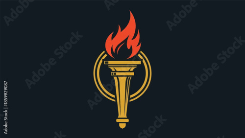 Stylized Olympic torch emblem with rising flame on a dark background.