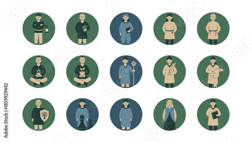 Collection of Medieval Characters in Circular Icons.