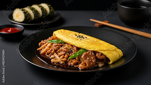 Delicious Korean Omurice-style Omelet with Savory Pork and Vegetable Filling, Accompanied by Fresh Gimbap Rolls and Spicy Sauce on a Sleek Dark Table