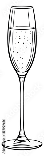 Hand drawn line art illustration of a champagne flute depicting effervescent bubbles for celebrations and toasts