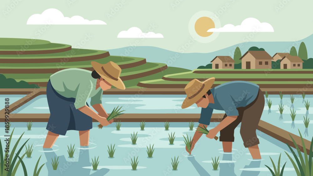 Fototapeta premium Farmers planting rice seedlings in a paddy field.