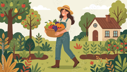 Female farmer carrying harvest basket in garden.