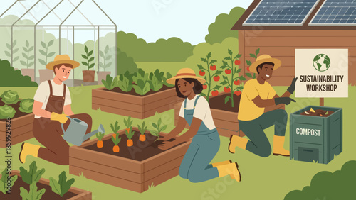 Farmers Working Together in a Lush Garden Plot.