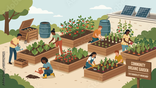 Community garden with people tending raised beds.