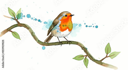 Small Bird Singing on Tree Branch